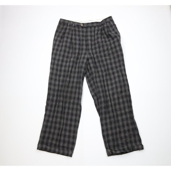 Vintage 90s Streetwear Mens 36x29 Wool Knit Pleated Wide Leg Chino Pants Plaid - Picture 1 of 13
